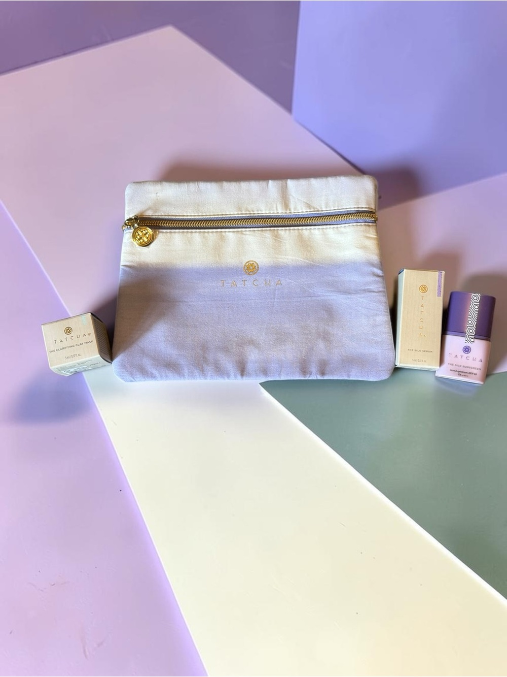 Tatcha Travel Set Trio With Limited Edition Lavender Ombré Makeup Pouch